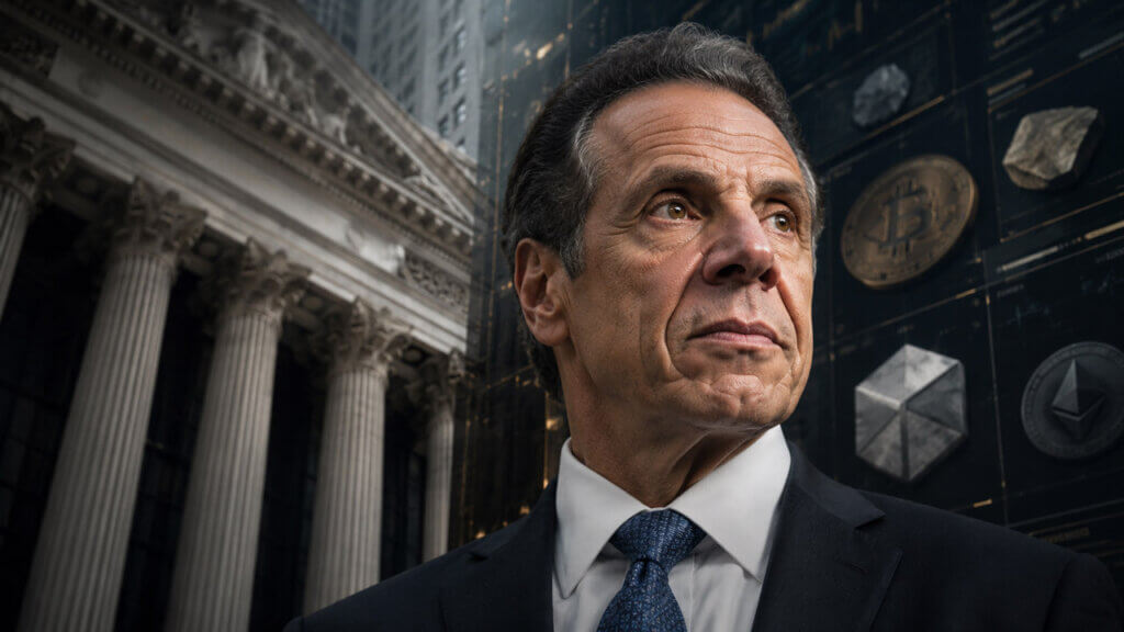 Andrew Cuomo in a close-up portrait between classical Wall Street columns and digital crypto market symbols, representing finance’s shift toward tokenized assets.