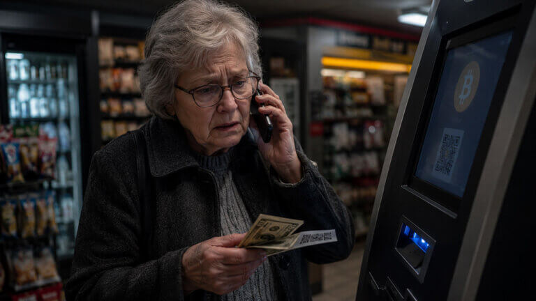 An anxious older woman holds cash and a QR code while speaking on the phone beside a Bitcoin ATM inside a dim convenience store.