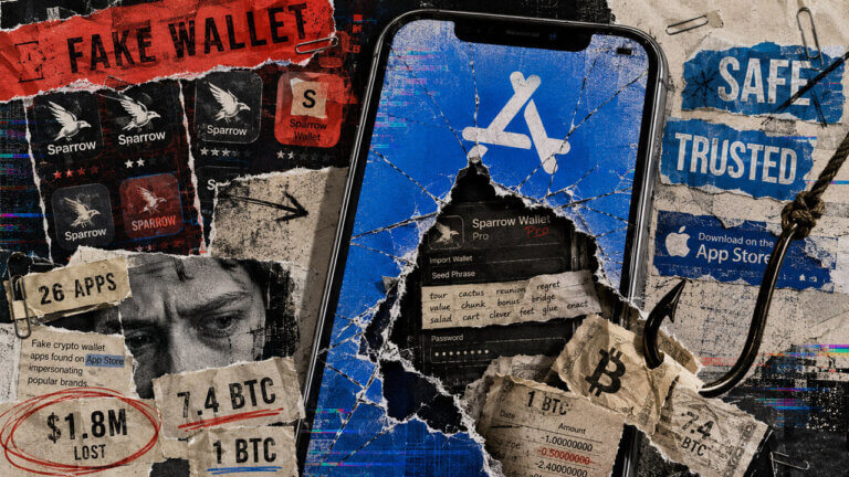 a cracked App Store screen breached by a fake Sparrow crypto wallet, with a phishing hook pulling out Bitcoin and evidence of $1.8 million in alleged losses.