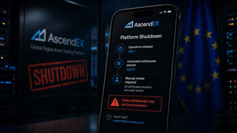 Smartphone displaying the AscendEX platform shutdown timeline, including halted operations, paused withdrawals, manual review requirements, and a warning that some withdrawals may not be processed.