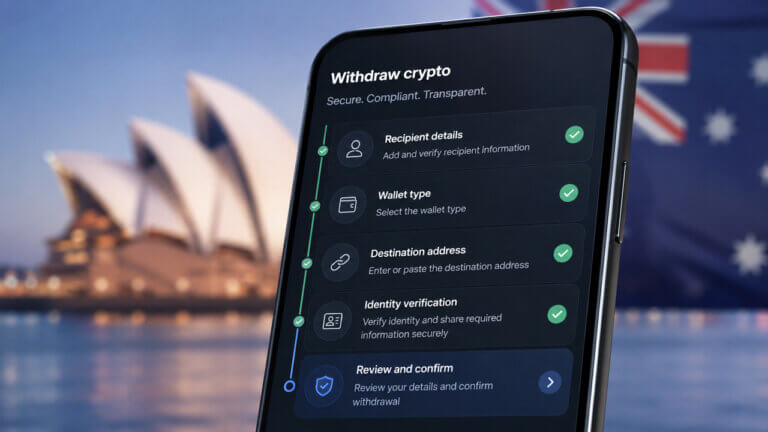 Australia Travel Rule compliance app showing identity checks for regulated crypto exchange transfers
