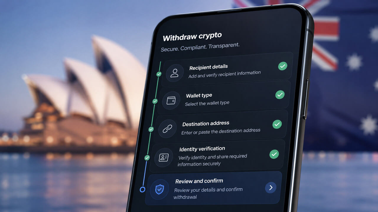 Australia Travel Rule compliance app showing identity checks for regulated crypto exchange transfers