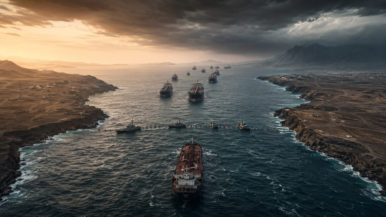 Aerial view of cargo ships and oil tankers halted by patrol vessels across the narrow Bab el-Mandeb Strait under storm clouds.