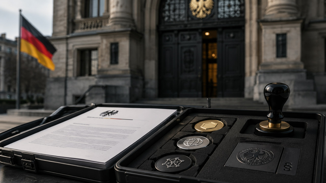 Official regulatory review case containing crypto token specimens, legal documents, and an institutional approval stamp outside a German government building, representing BaFin's ICO and crypto token classification guidance.