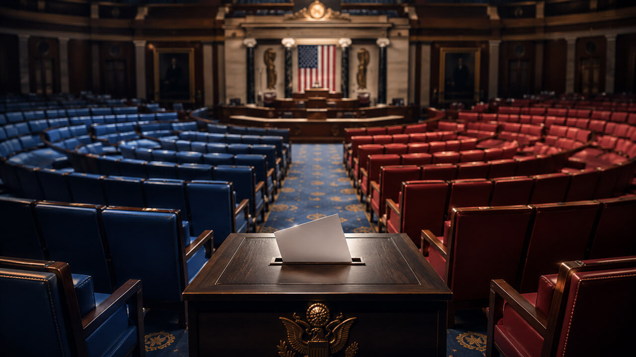 Red and blue chess armies facing across a board before the U.S. Capitol, surrounded by ballots and state-shaped pieces.