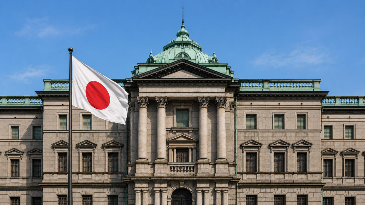 Japanese flag waving in front of the Bank of Japan headquarters under a clear blue sky.
