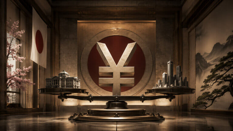 Gold yen symbol centered above a balance scale weighing the Bank of Japan against Tokyo’s skyline, representing the September policy decision.