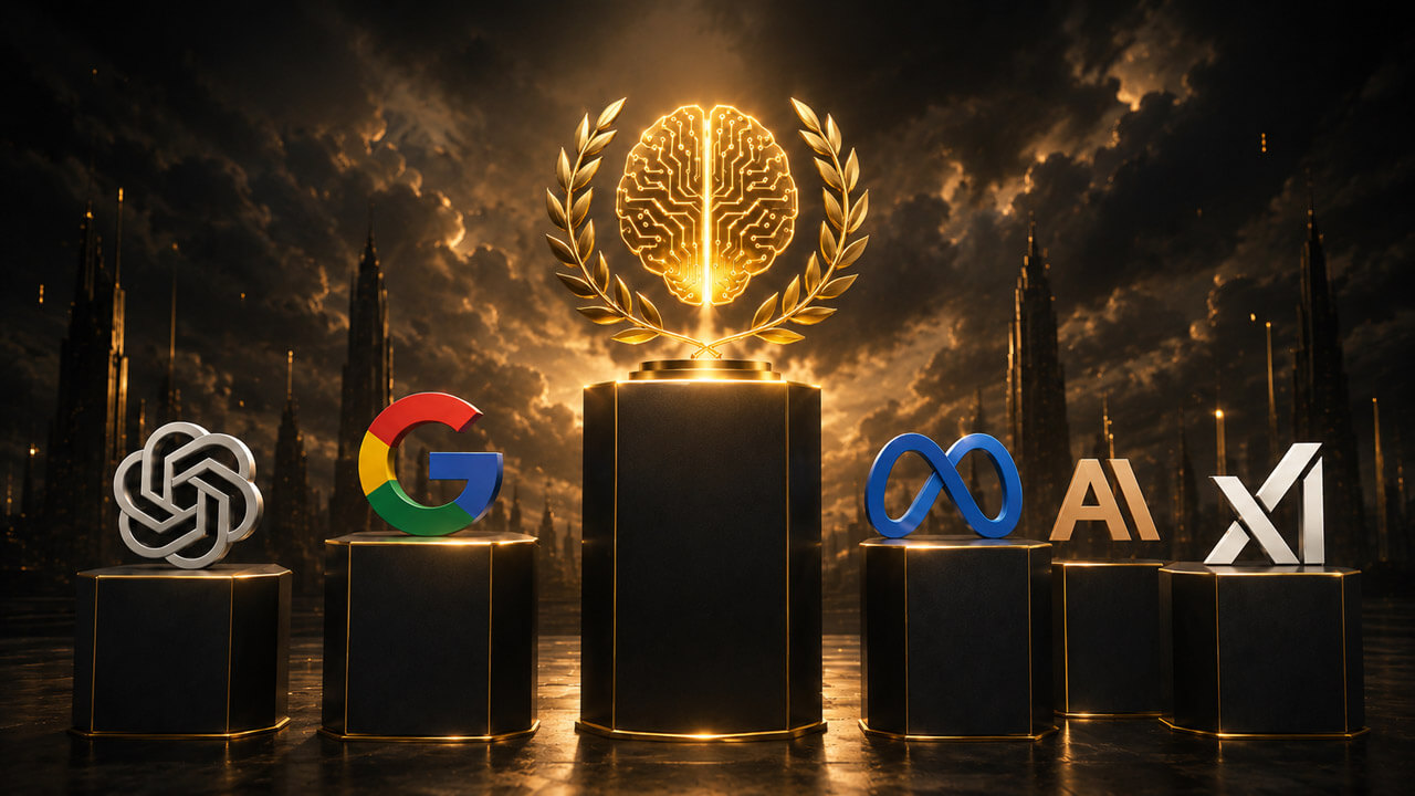 Glowing artificial intelligence brain trophy above a podium featuring OpenAI, Google, Meta, and xAI symbols, representing competition for the best AI model.