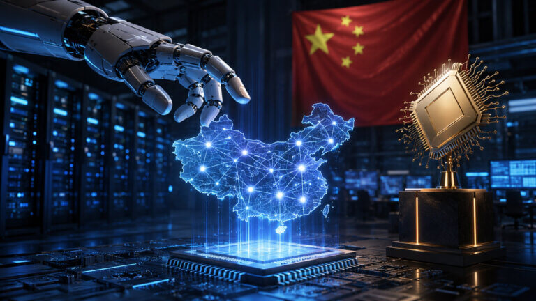 Robotic hand reaching toward a holographic map of China beside a golden AI processor in a futuristic data center.