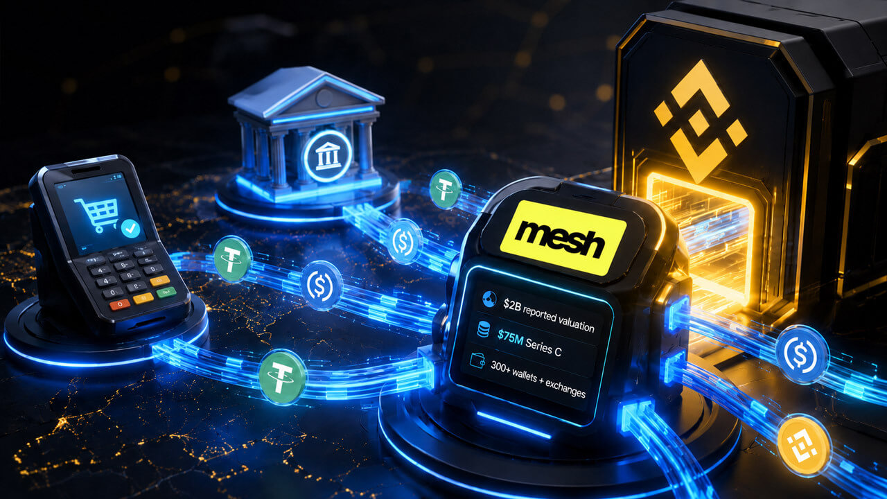 Binance Mesh stablecoin payment network illustration showing digital wallet and blockchain payment infrastructure