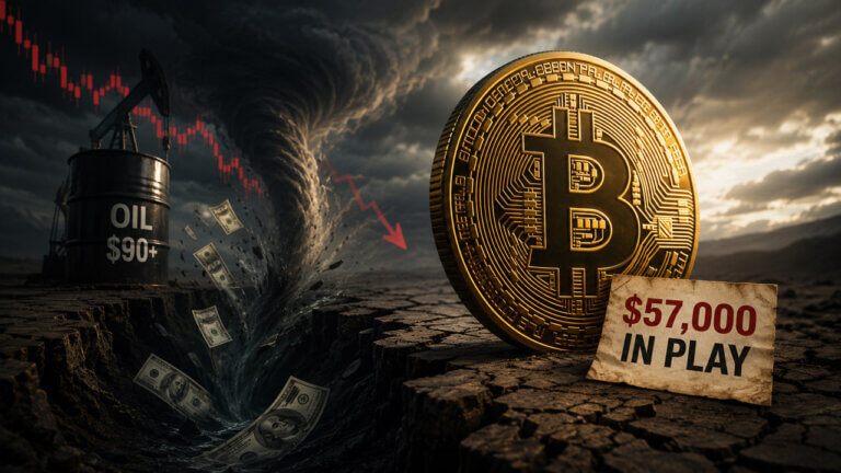 Large Bitcoin coin beside a $57,000 warning sign as dollar bills are pulled into a deep liquidity vortex, with an oil barrel and falling market chart under storm clouds.