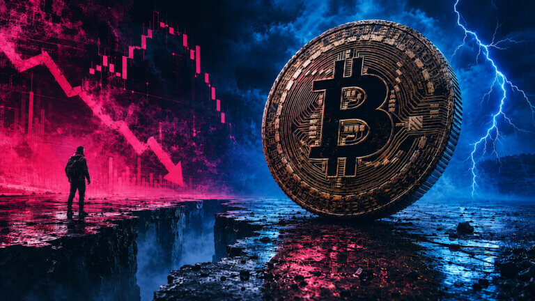 Giant Bitcoin coin standing beside a fractured market landscape, with a plunging magenta chart, acid-blue lightning, and a lone investor facing the widening divide.