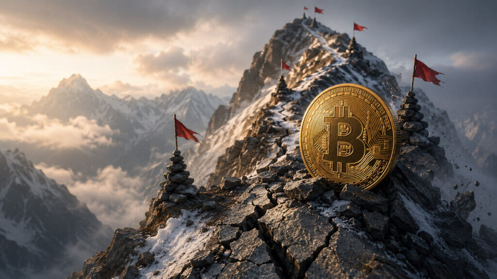Bitcoin climbing a mountain with several flag markers further up.