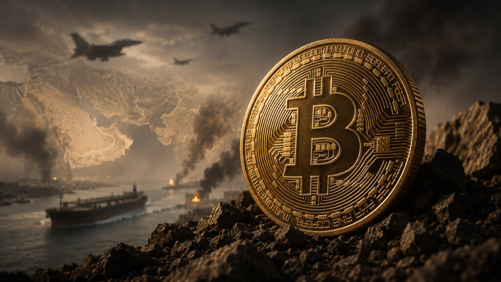 Large Bitcoin coin overlooking an oil tanker and smoky Middle East conflict zone as military jets fly overhead.