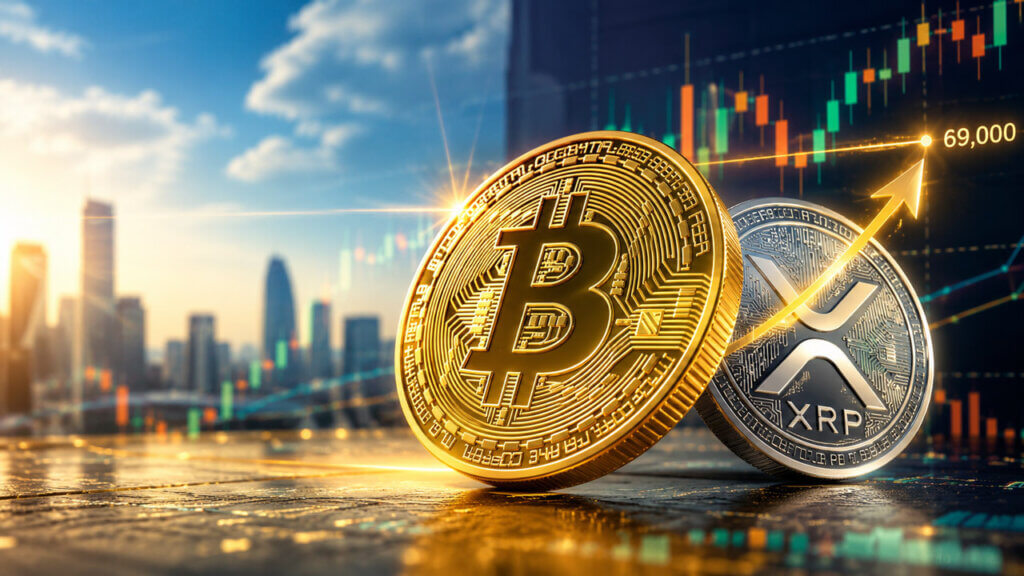 Gold Bitcoin and silver XRP coins beside a rising market chart highlighting Bitcoin’s $69,000 recovery level.