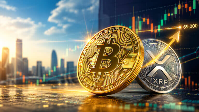 Gold Bitcoin and silver XRP coins beside a rising market chart highlighting Bitcoin’s $69,000 recovery level.
