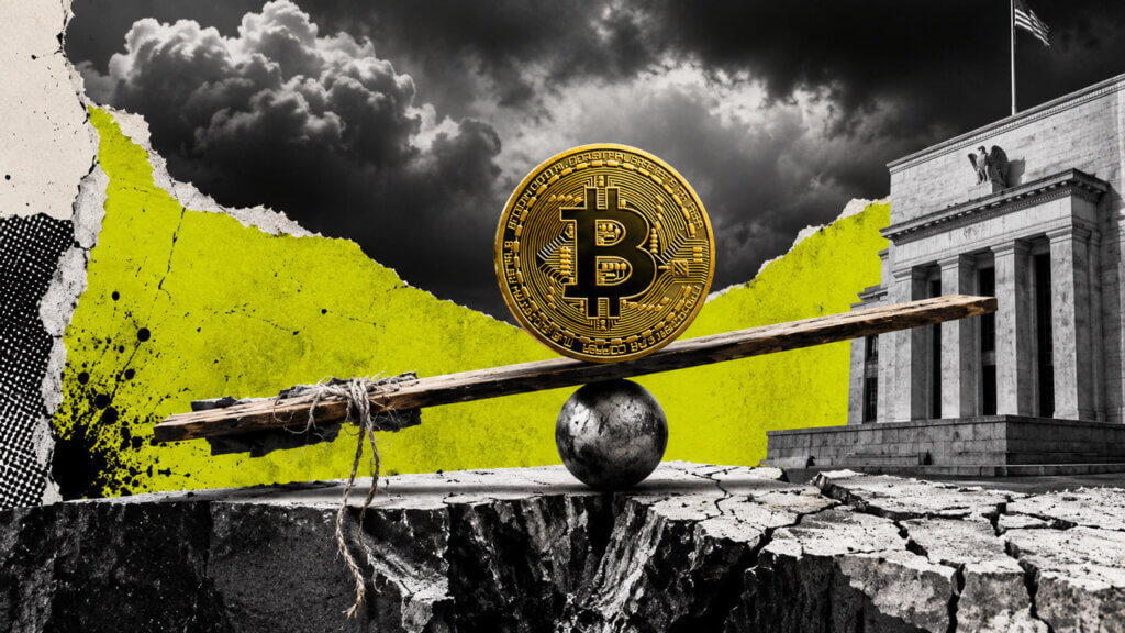Editorial collage showing a large gold Bitcoin symbol balancing carefully amid Fed rate hold.