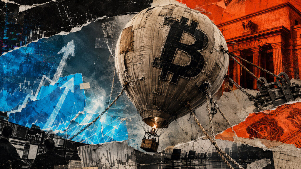 Weathered Bitcoin hot-air balloon tethered by ropes beside the Federal Reserve, with electric blue market arrows rising on the left and orange institutional pressure on the right.