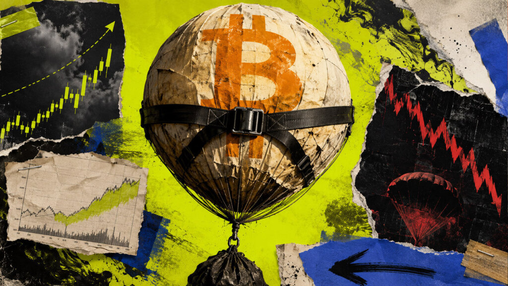 Editorial collage showing a battered Bitcoin-shaped lifebuoy floating on dark water, surrounded by rising acid-green arrows and falling magenta market charts that symbolize a fragile options recovery and persistent downside risk.