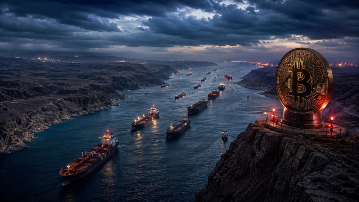 Giant Bitcoin beacon overlooks a crowded Strait of Hormuz shipping channel filled with oil tankers beneath gathering storm clouds.