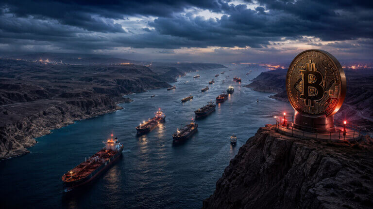 Giant Bitcoin beacon overlooks a crowded Strait of Hormuz shipping channel filled with oil tankers beneath gathering storm clouds.