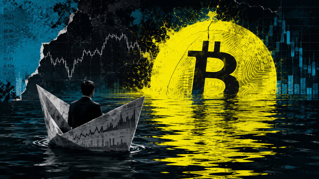 Editorial collage of a suited man in a paper boat navigating dark water toward a giant cracked, acid-yellow Bitcoin symbol, with distressed market charts and falling candlesticks in the background.