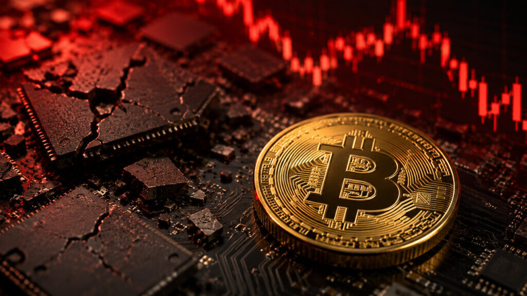 Golden Bitcoin rests on a circuit board beside cracked semiconductor chips as a red market chart signals pressure across technology and crypto assets.