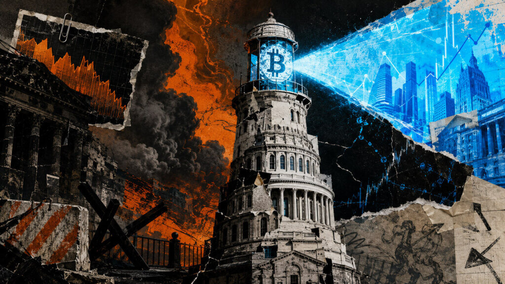 A Capitol-inspired lighthouse with a Bitcoin symbol in its beacon, casting blue light toward rising financial charts and city buildings while dark orange storm clouds and barriers represent legislative delay.