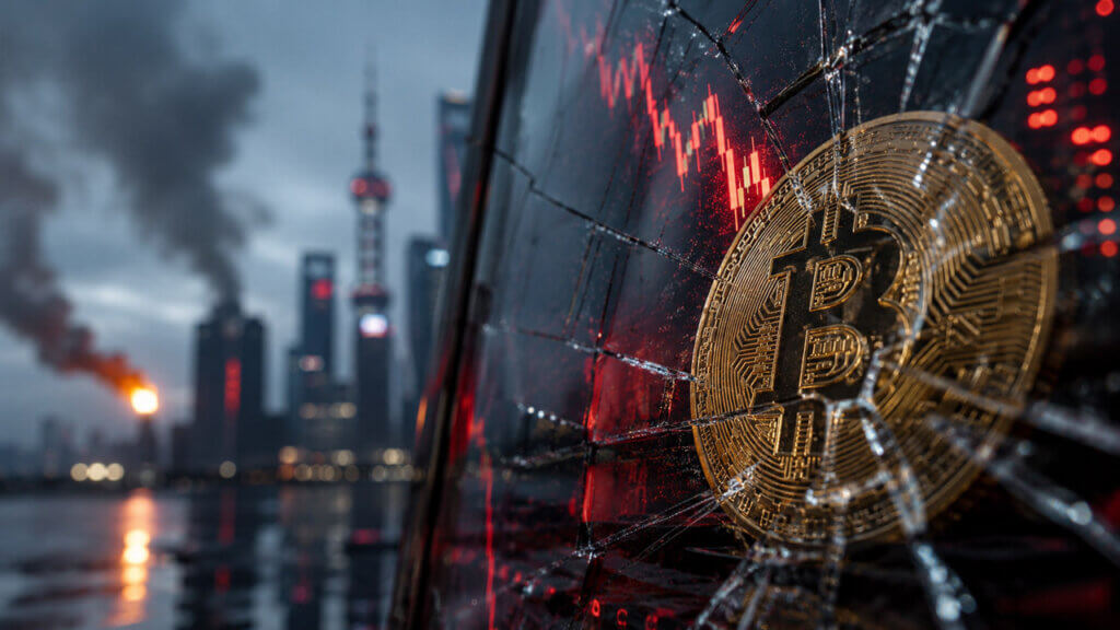 Bitcoin coin behind cracked glass with red declining market charts and a blurred Asian financial district and industrial fire in the background.