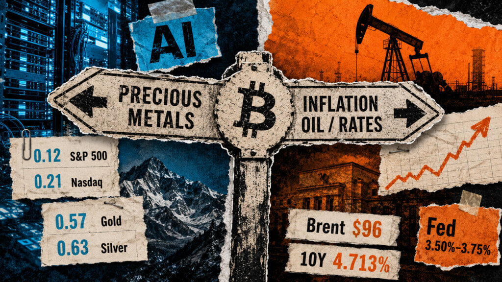 collage of a mechanical Bitcoin heart pulled between precious metals and oil, surrounded by ETF inflows, Federal Reserve rates, Brent oil, and Treasury yield data.