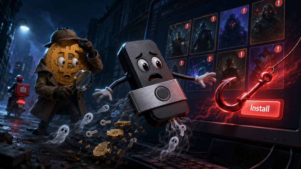 An anthropomorphic Bitcoin detective watches a frightened hardware wallet get pulled toward a hooked Install button beside eight suspicious game tiles.