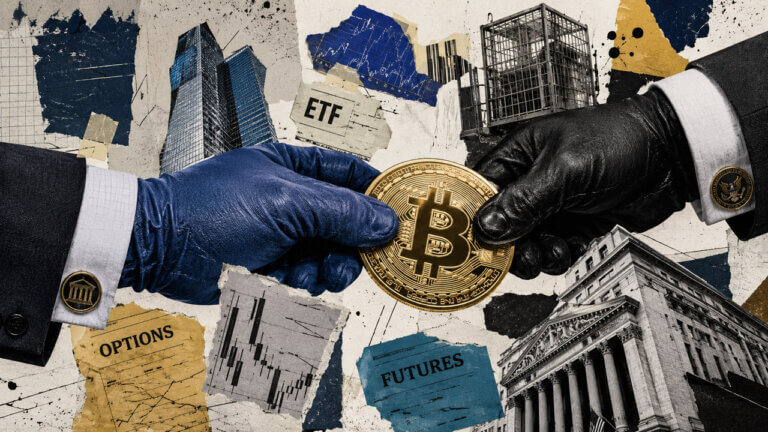 Blue and black institutional gloves pulling the same Bitcoin coin amid torn ETF, options, futures, market chart, and exchange imagery.
