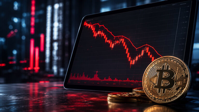 Bitcoin coins beside a trading screen showing a sharp red ETF decline after a failed market rebound.