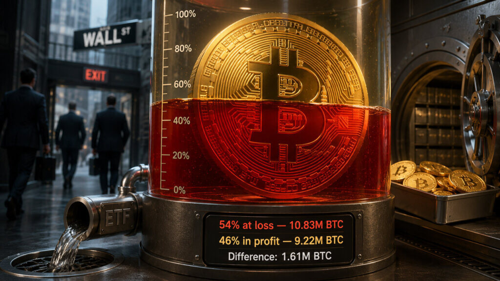 Bitcoin ETF outflows versus underwater Bitcoin supply showing long-term holders buying as Wall Street sells Bitcoin