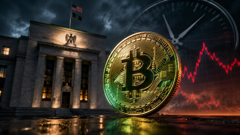 Large Bitcoin coin in front of the Federal Reserve building with a stormy sky, clock face, and red market chart signaling volatility from CPI data and Warsh testimony.