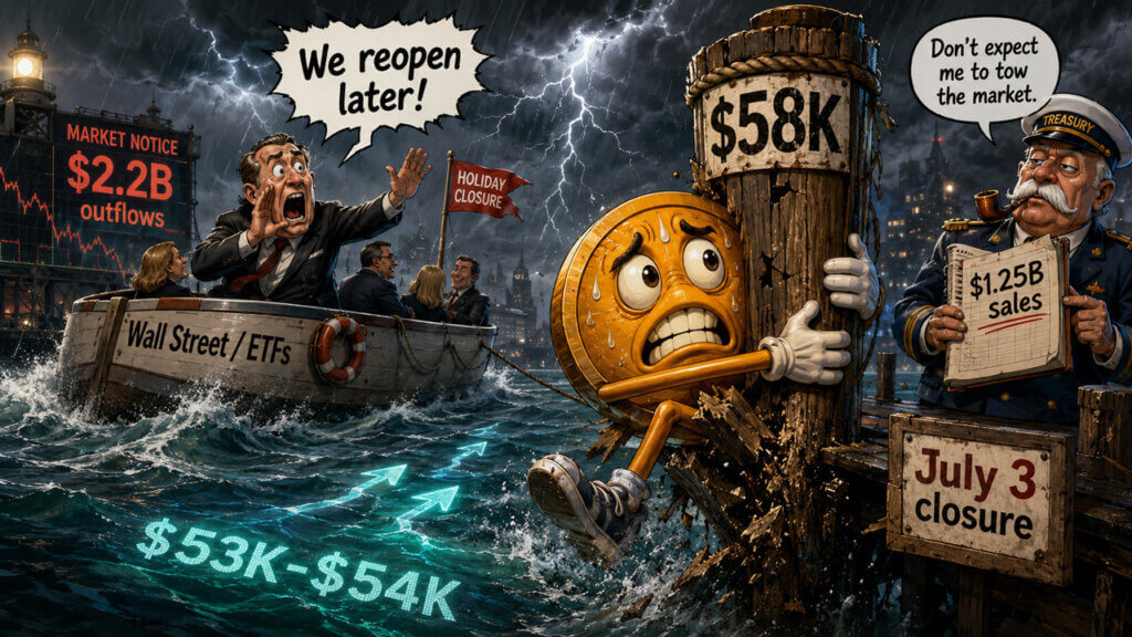 Bitcoin holiday liquidity storm editorial cartoon showing seasonal market weakness and Bitcoin price volatility during low trading volume