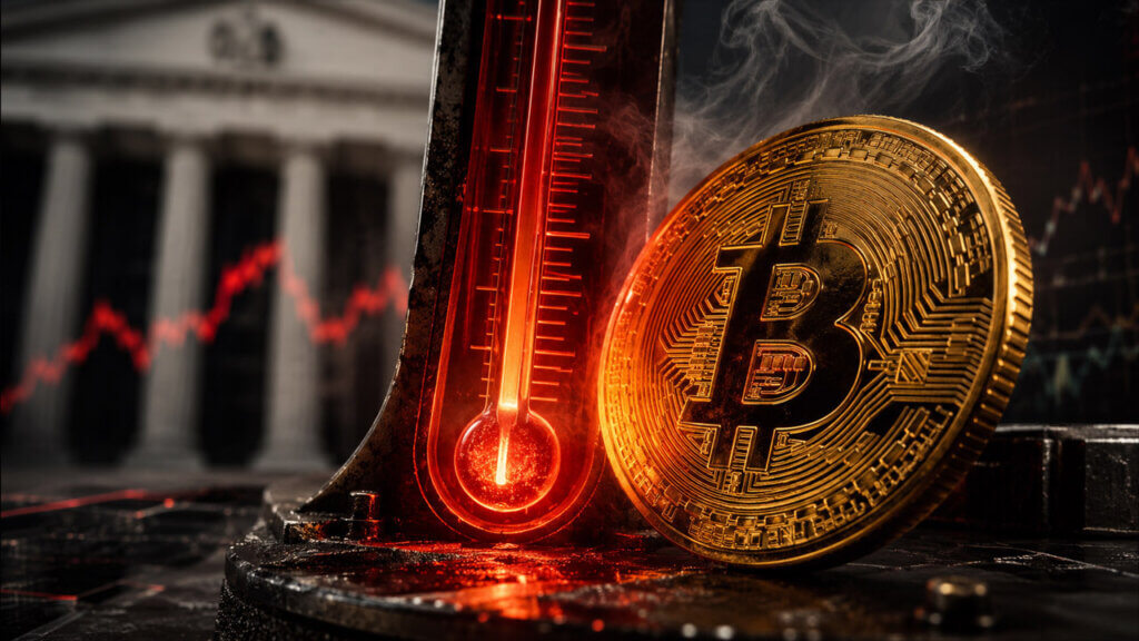 Bitcoin coin beside a glowing red thermometer with the Federal Reserve building and falling market chart blurred in the background.