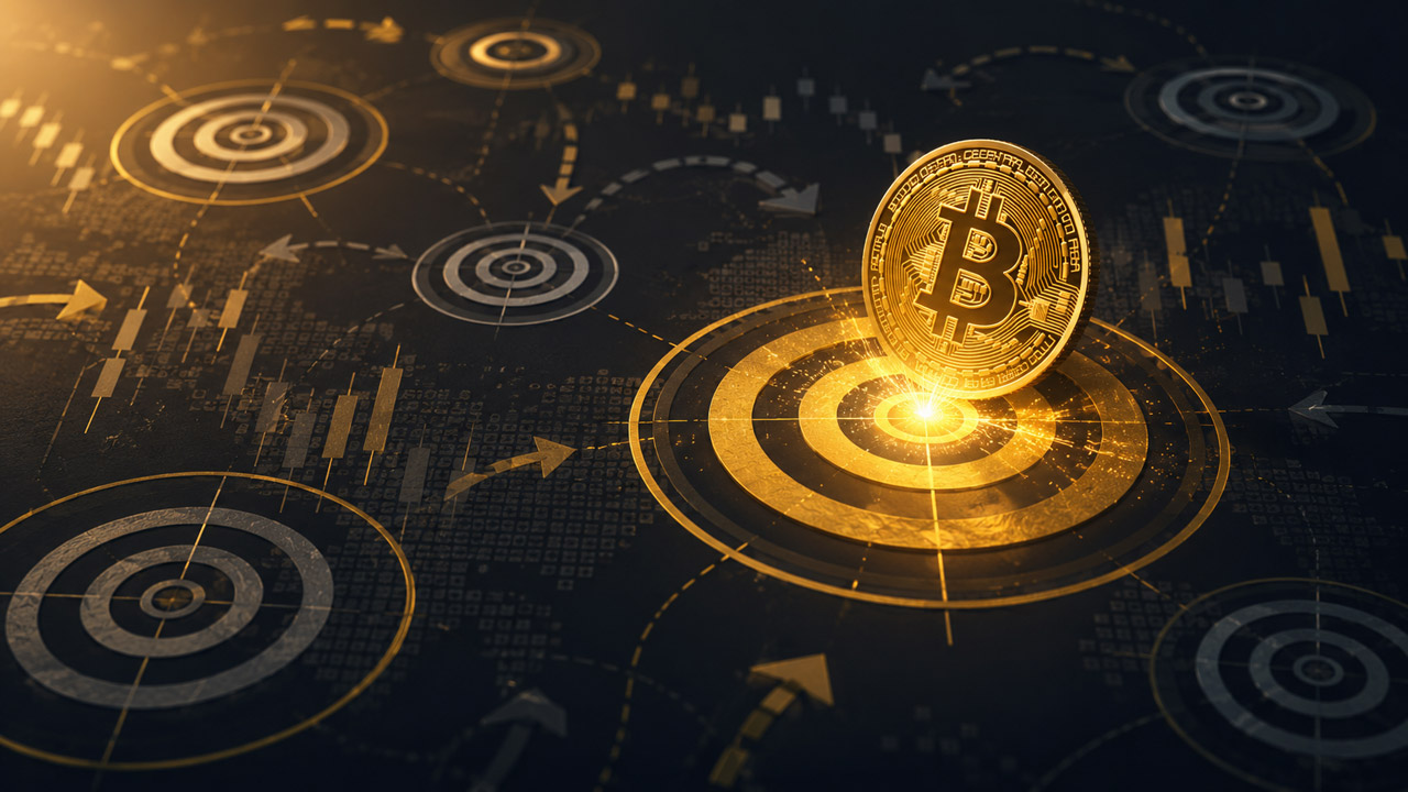 Golden Bitcoin coin landing on a glowing target over a dark financial strategy map with subtle market chart symbols.