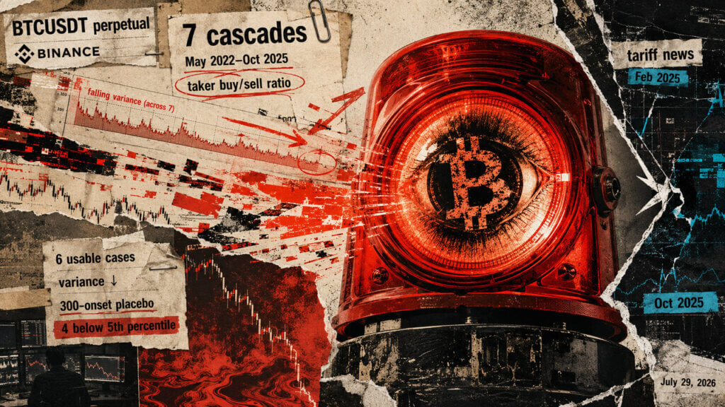 Red Bitcoin warning siren surrounded by torn charts and data fragments illustrating unreliable liquidation crash signals.
