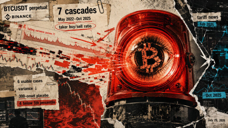 Red Bitcoin warning siren surrounded by torn charts and data fragments illustrating unreliable liquidation crash signals.