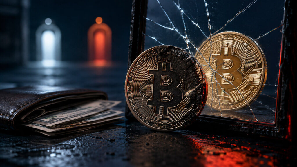 Worn Bitcoin coin reflected in cracked glass beside an open wallet with cash, illustrating losses and the challenge of recovering from a steep Bitcoin drawdown.