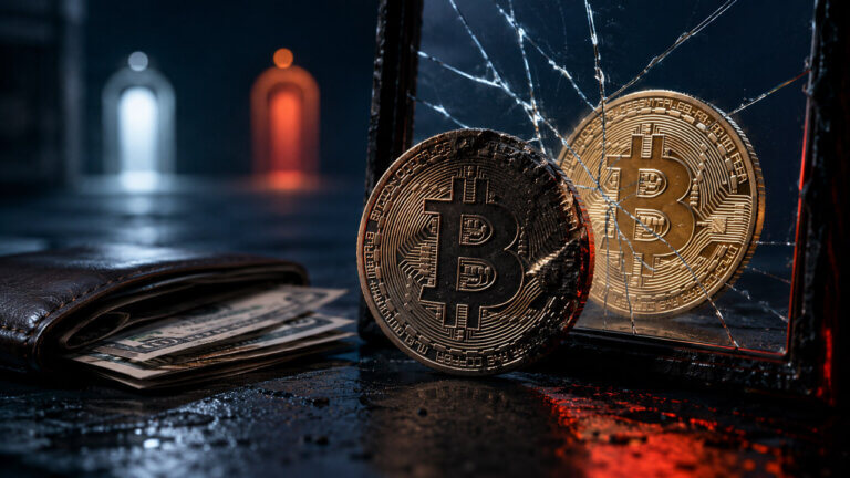 Worn Bitcoin coin reflected in cracked glass beside an open wallet with cash, illustrating losses and the challenge of recovering from a steep Bitcoin drawdown.