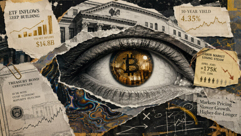 Surreal mixed-media collage of a human eye reflecting Bitcoin, surrounded by Federal Reserve architecture, bond charts, labor data, and oil textures.