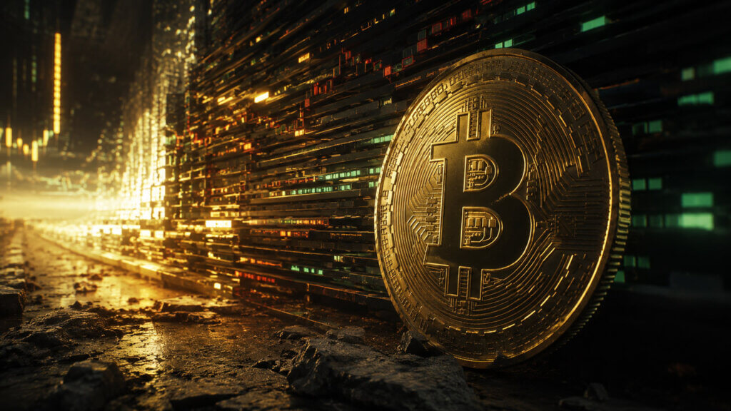 Large Bitcoin coin facing dense illuminated market bars and resistance layers with a distant opening beyond the pressure zone.
