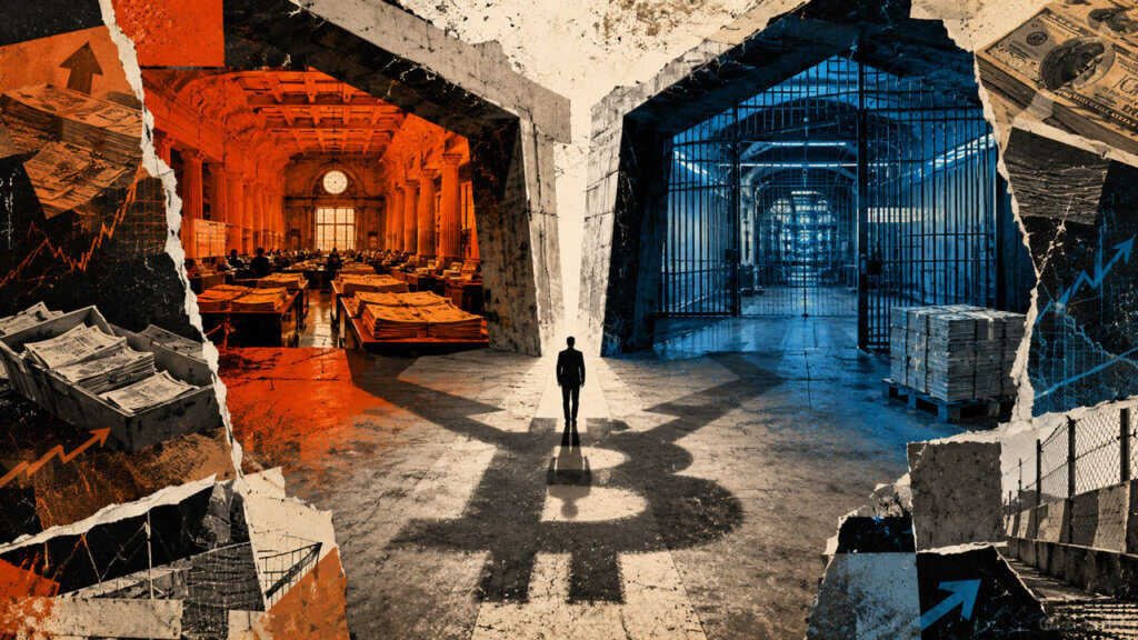 Editorial collage of an investor standing between an orange financial hall and a blue secured clearing facility, with a large Bitcoin-shaped shadow stretching across both routes.