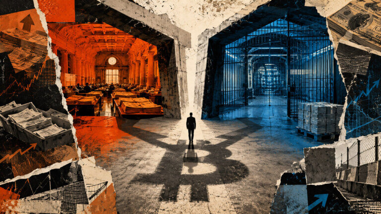 Editorial collage of an investor standing between an orange financial hall and a blue secured clearing facility, with a large Bitcoin-shaped shadow stretching across both routes.