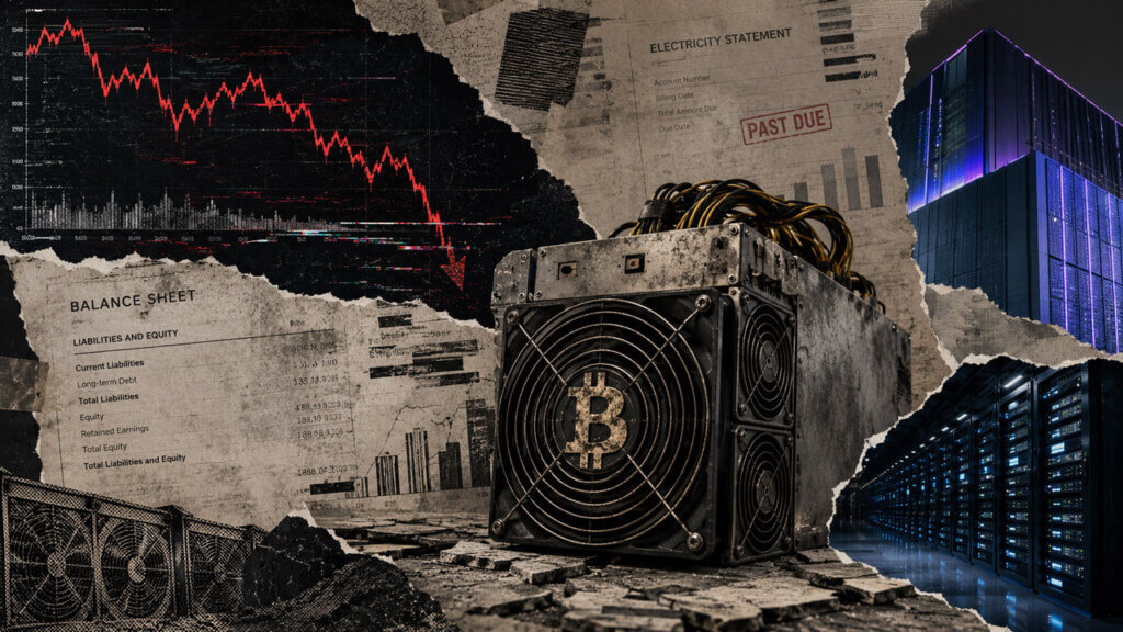 Mixed-media editorial collage of a Bitcoin mining rig surrounded by falling revenue charts, balance-sheet documents, electricity costs, and AI server infrastructure.