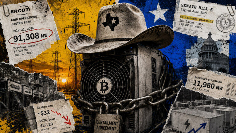 Bitcoin mining rig in a cowboy hat chained to a curtailment agreement, surrounded by ERCOT demand, Texas policy, and battery data.