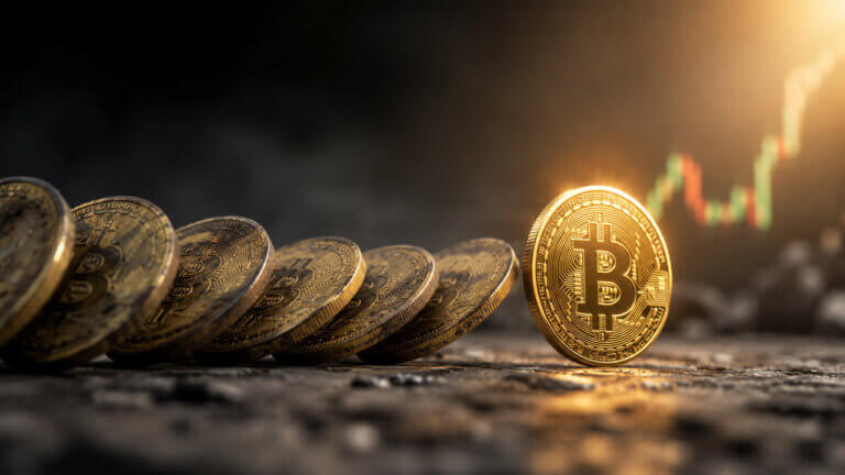 A row of older Bitcoin coins falls like dominoes toward a single upright coin, symbolizing aged supply moving into new hands.