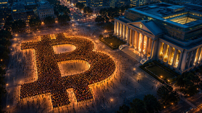 Thousands of people form a giant illuminated Bitcoin symbol in a city plaza beside a grand bank headquarters at dusk.